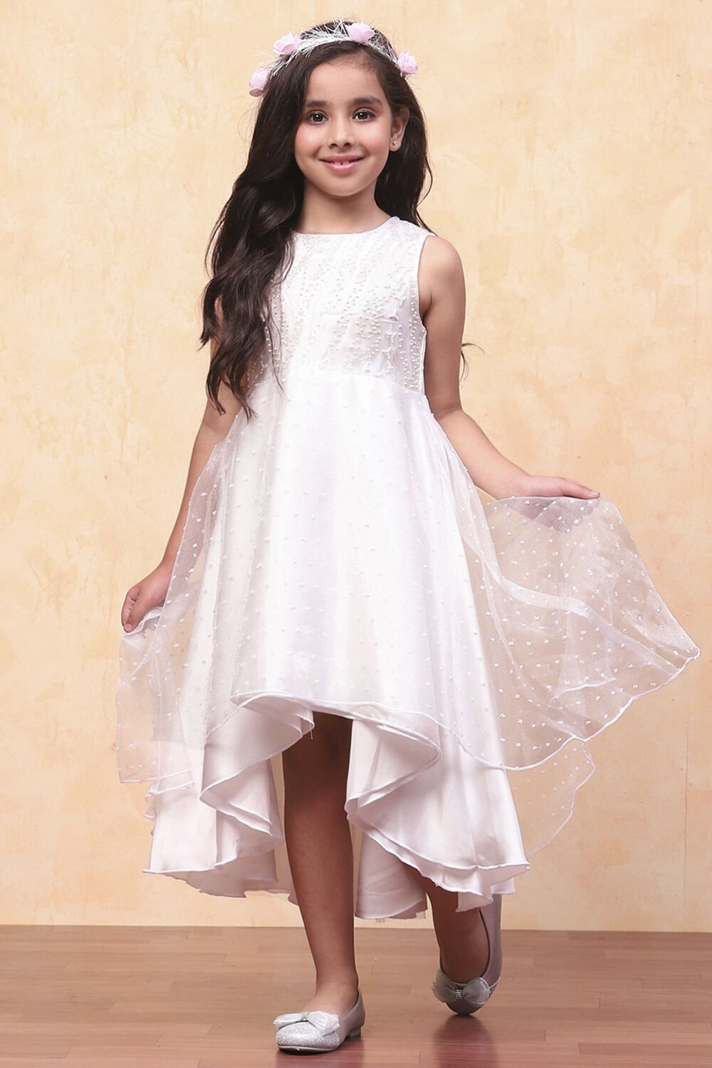White Organza Embellished Asymmetric Flared Dress