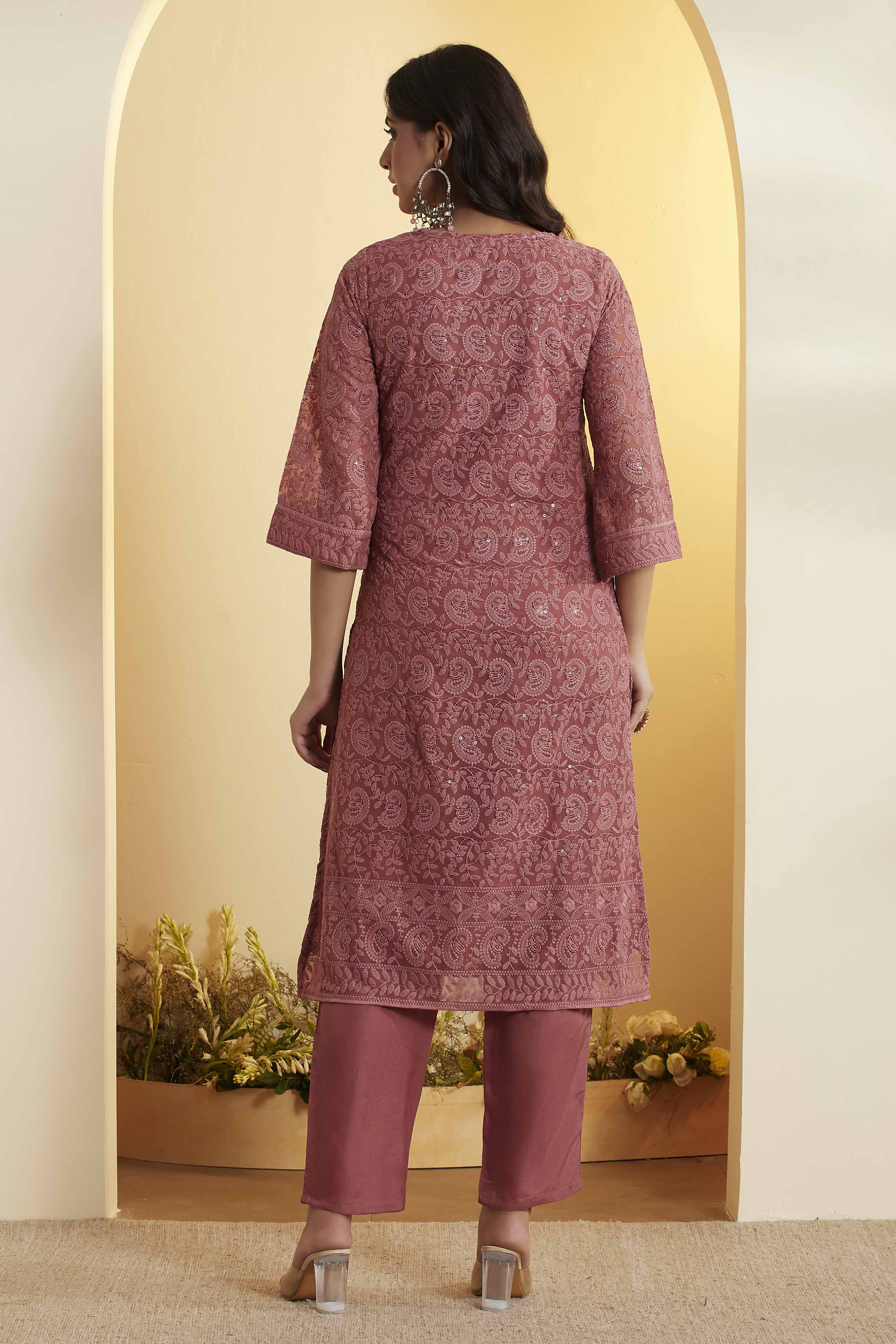 Dusty Rose Printed Straight Kurta Set image number 5