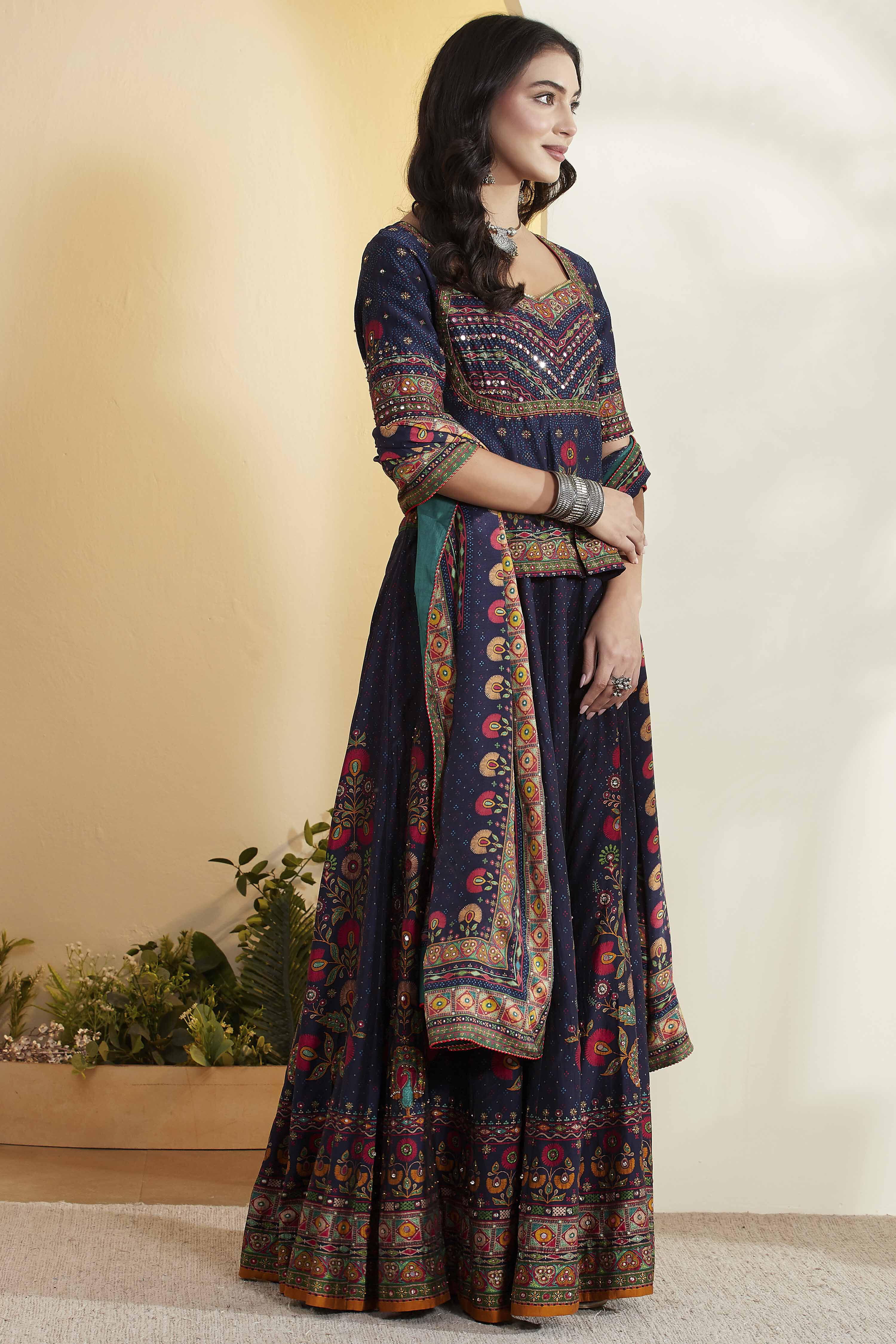 Blue Cotton Silk Straight Lehenga Set image number 5