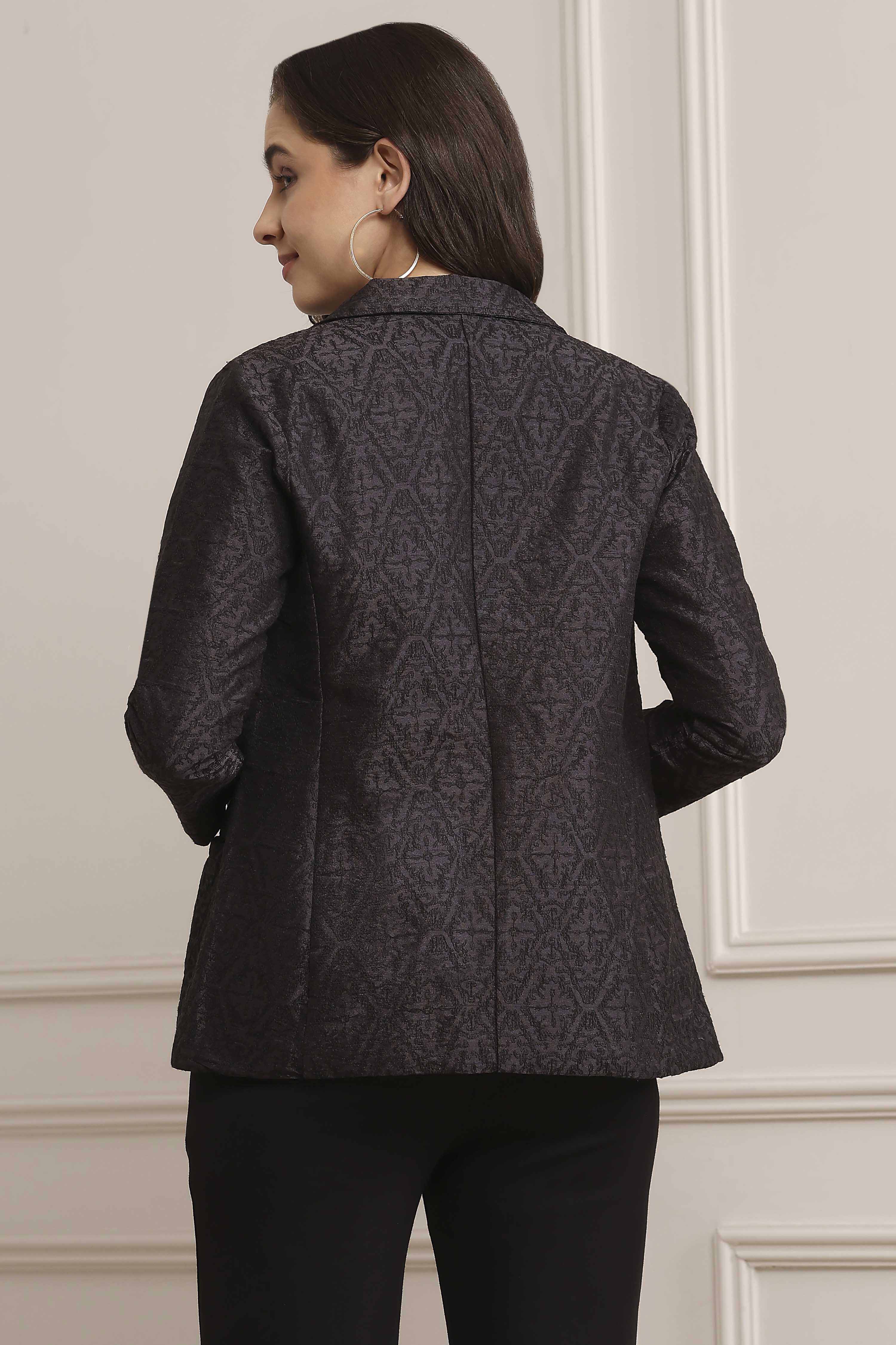 Coral & Black Polyester Embroidered Jacket image number 3