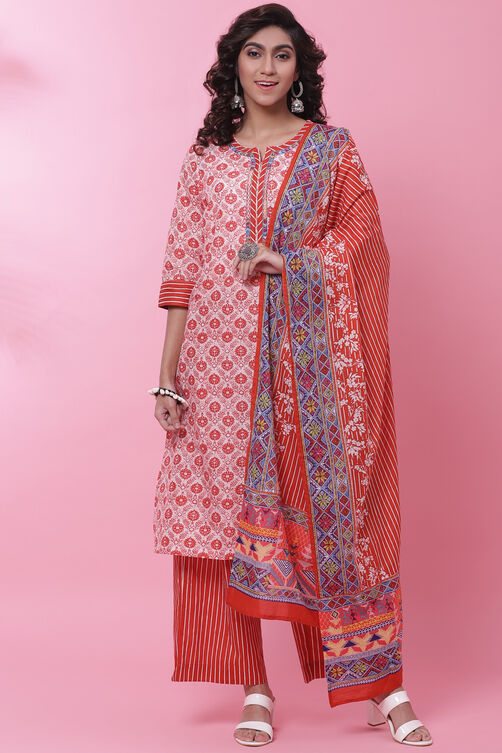 Red Cotton Straight Kurta Palazzo Suit Set image number 0