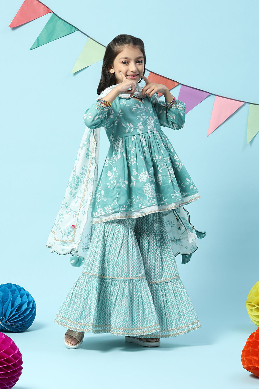 Sea Green Cotton Flared Kurta Garara Suit Set image number 7