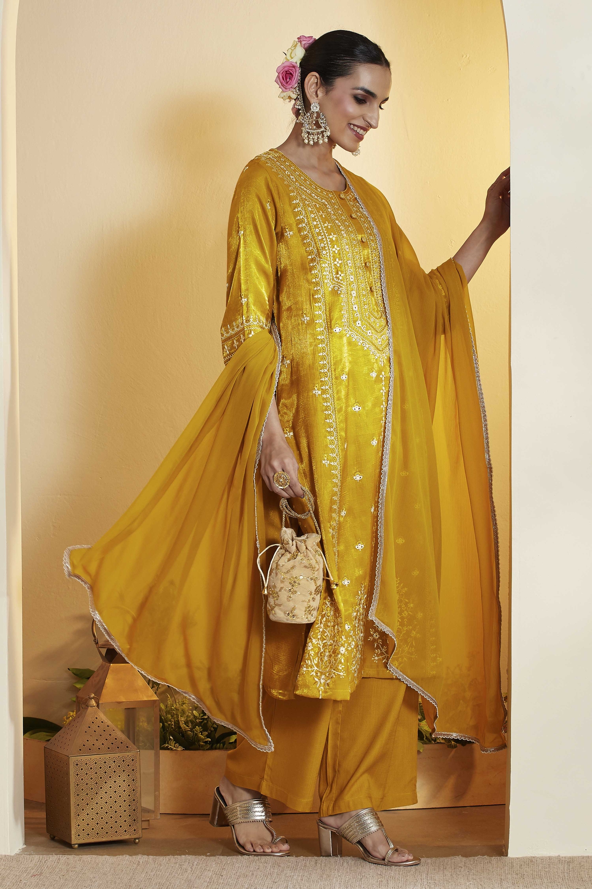 Yellow Viscose Polyester Straight Suit Set