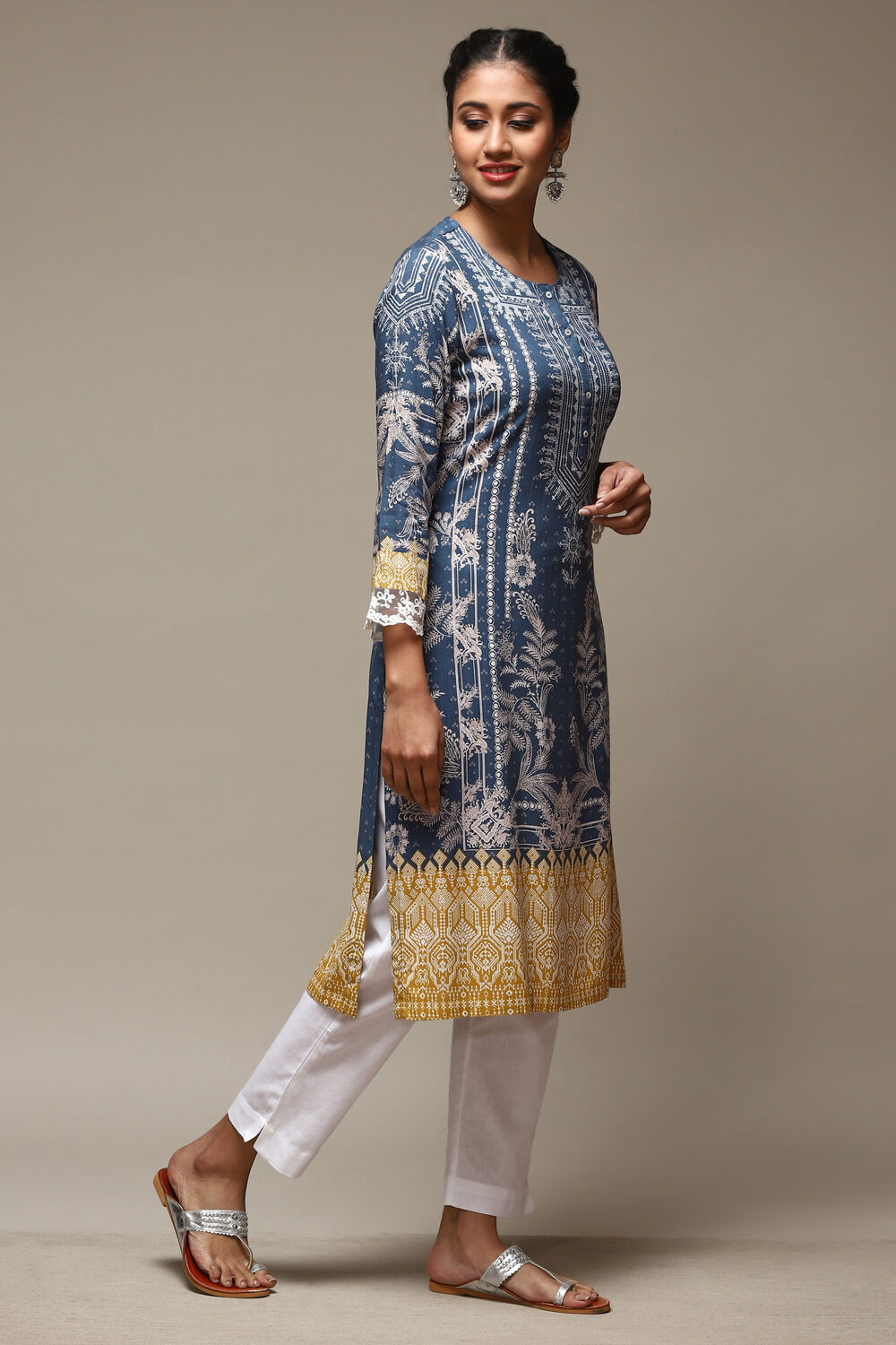 Denim Blue LIVA Straight Printed Kurta image number 4