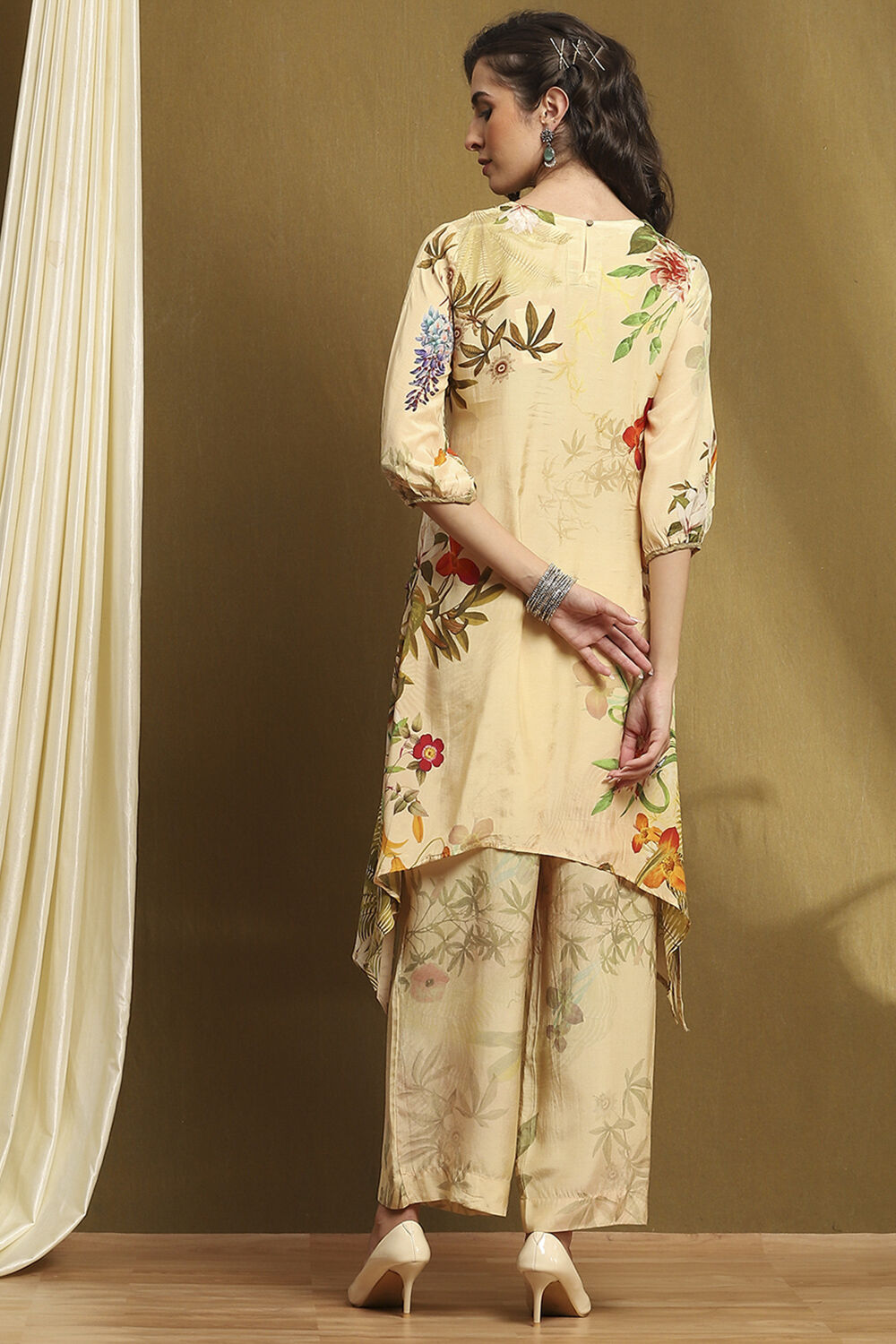 Green Modal Floral Printed Asymmetric Kurta Set image number 4