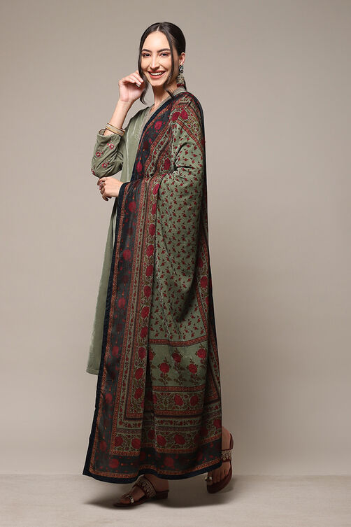 Dark Military Green Art Silk Straight Kurta Palazzo Suit Set image number 5