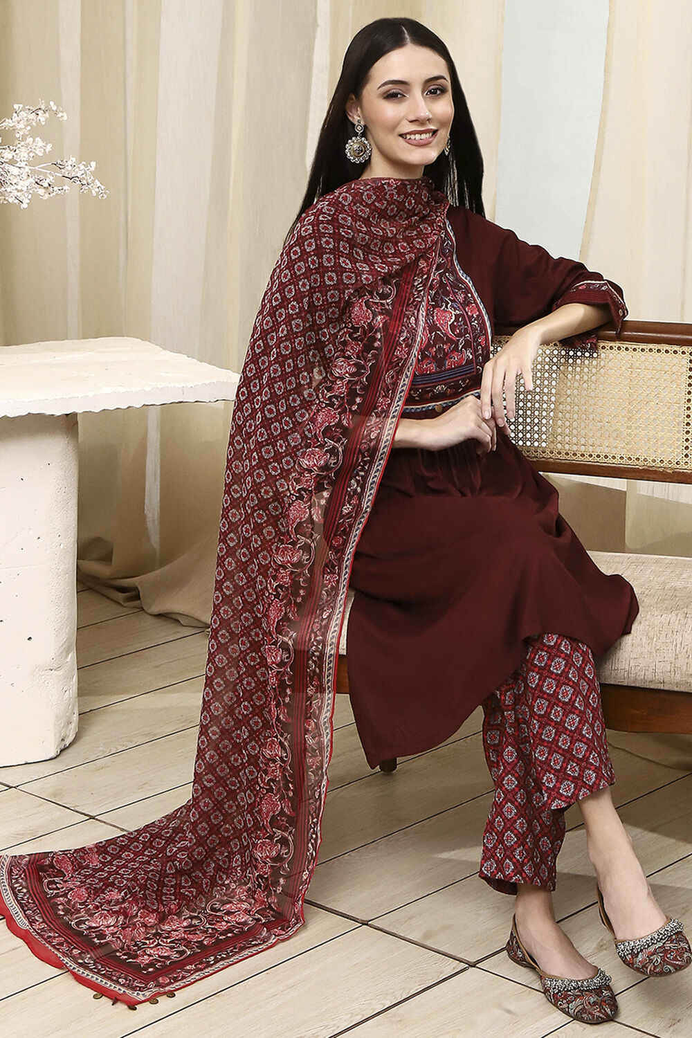 Brown Solid Gathered Straight Suit Set image number 0