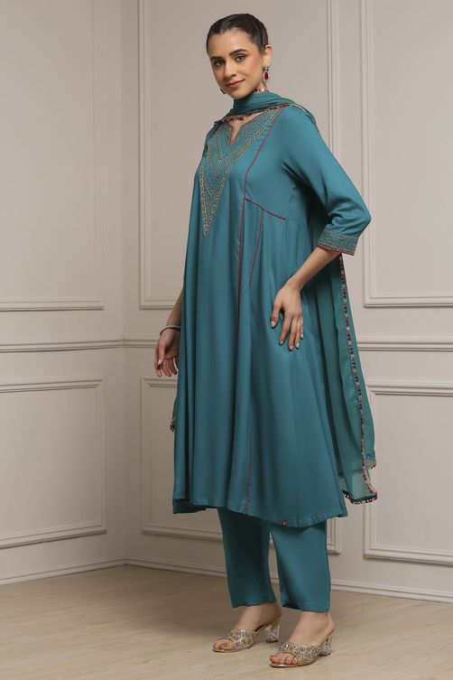 Teal Green Solid Kalidar Suit Set image number 3