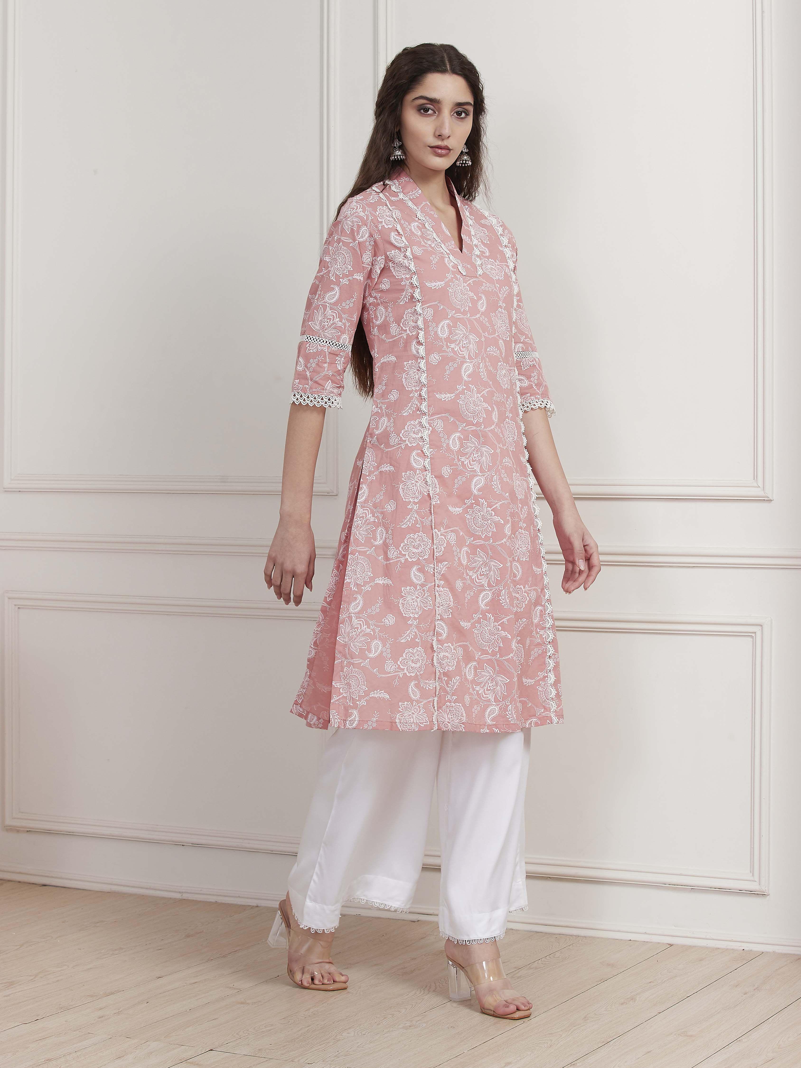 Pink Cotton Printed Straight Kurta image number 4