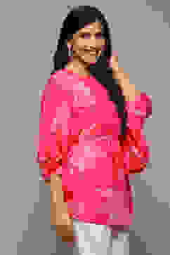 Pink LIVA Straight Embroidered Top image number 3