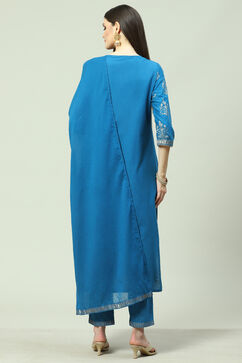 Royal Blue Cotton Straight Kurta Regular Pant Suit Set image number 4