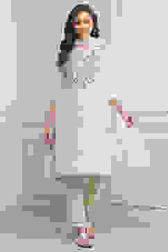 Off White Art Silk Straight Kurta Regular Pant Suit Set image number 0