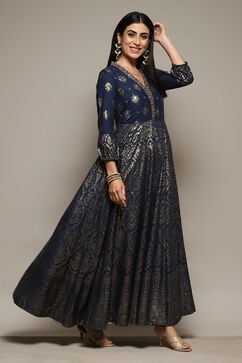 Navy Rayon Straight Printed Dress image number 3