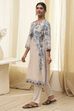 Beige and Blue Cotton Floral Straight Kurta image number 2
