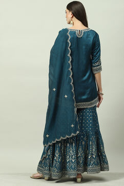 Teal Blue Viscose Straight Kurta Garara Suit Set image number 4