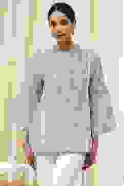 Blue Cotton Striped Straight Short Kurta image number 5