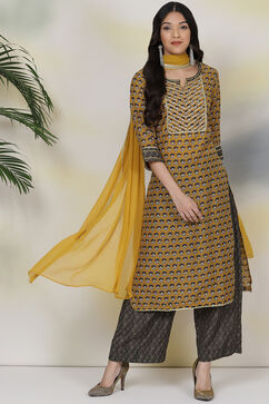 Yellow And Black Art Silk Straight Kurta Palazzo Suit Set image number 0