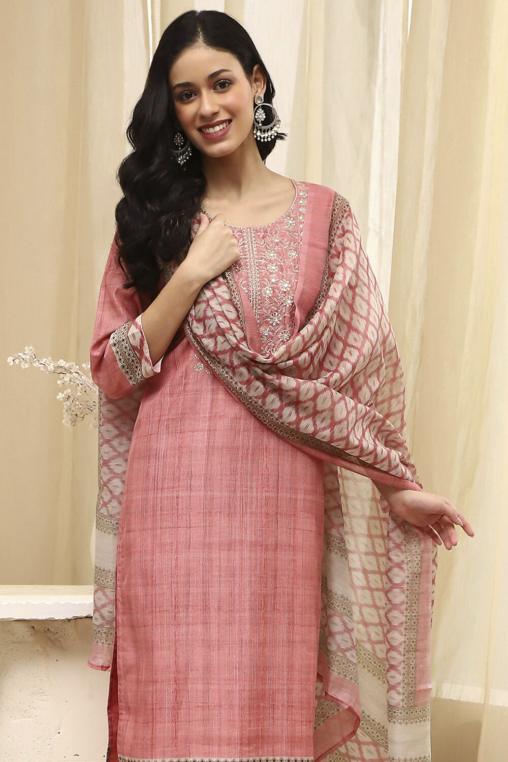 Peach Cotton Screen Print Unstitched Suit Set image number 8