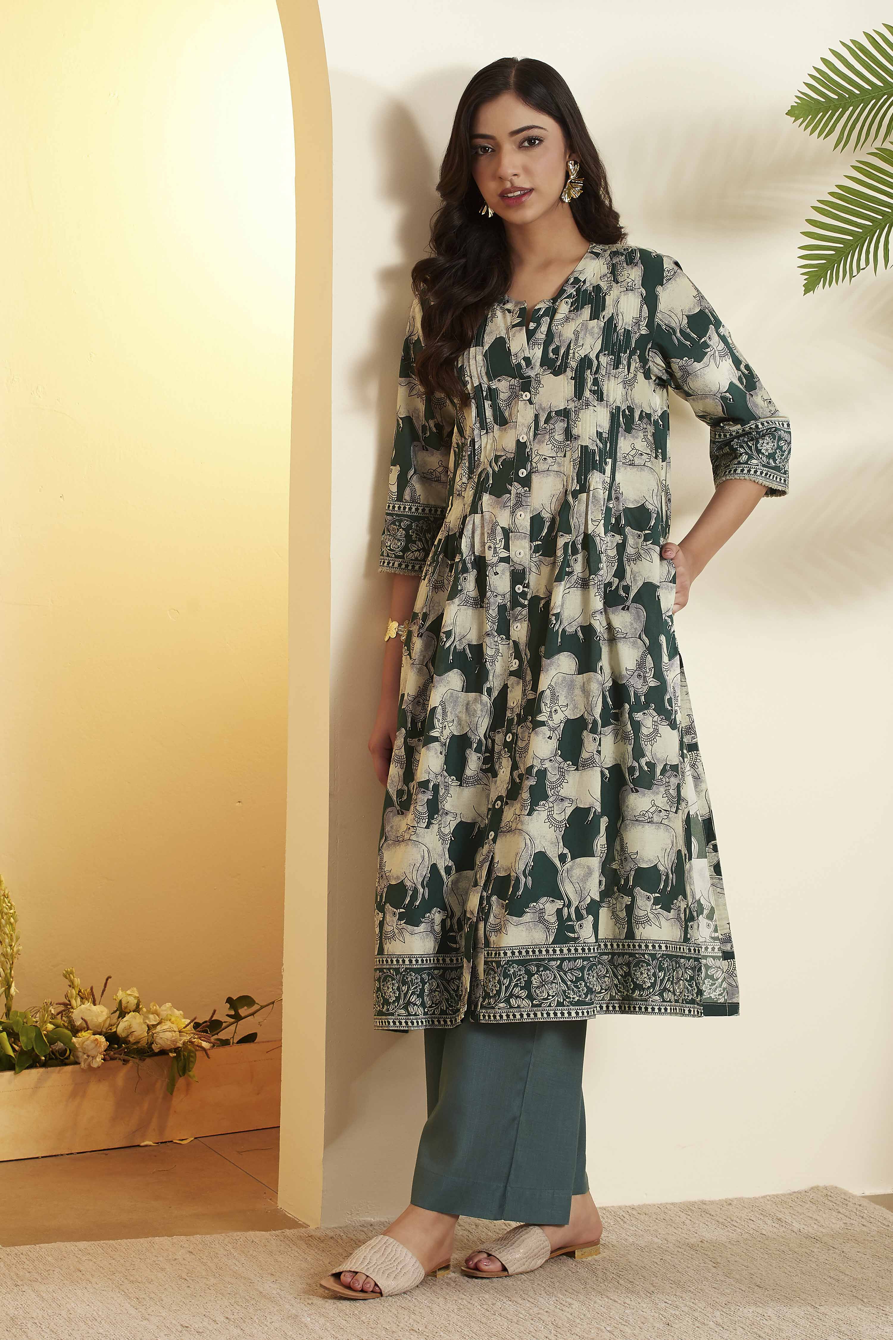 Green Cotton A-Line Kurta image number 0