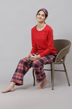 Dark Red Straight Cotton Flax Three Piece Sleepwear Set image number 0