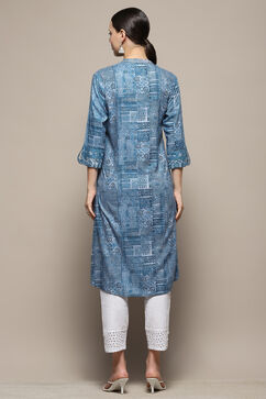 Blue Gathered Printed Straight Kurta image number 4