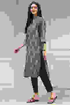 Grey Printed Straight Kurta image number 2