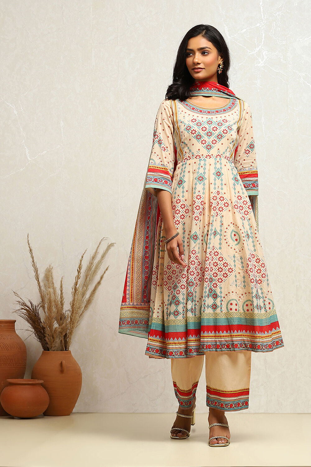 Ecru Cotton Geometric Printed Anarkali Suit Set image number 0