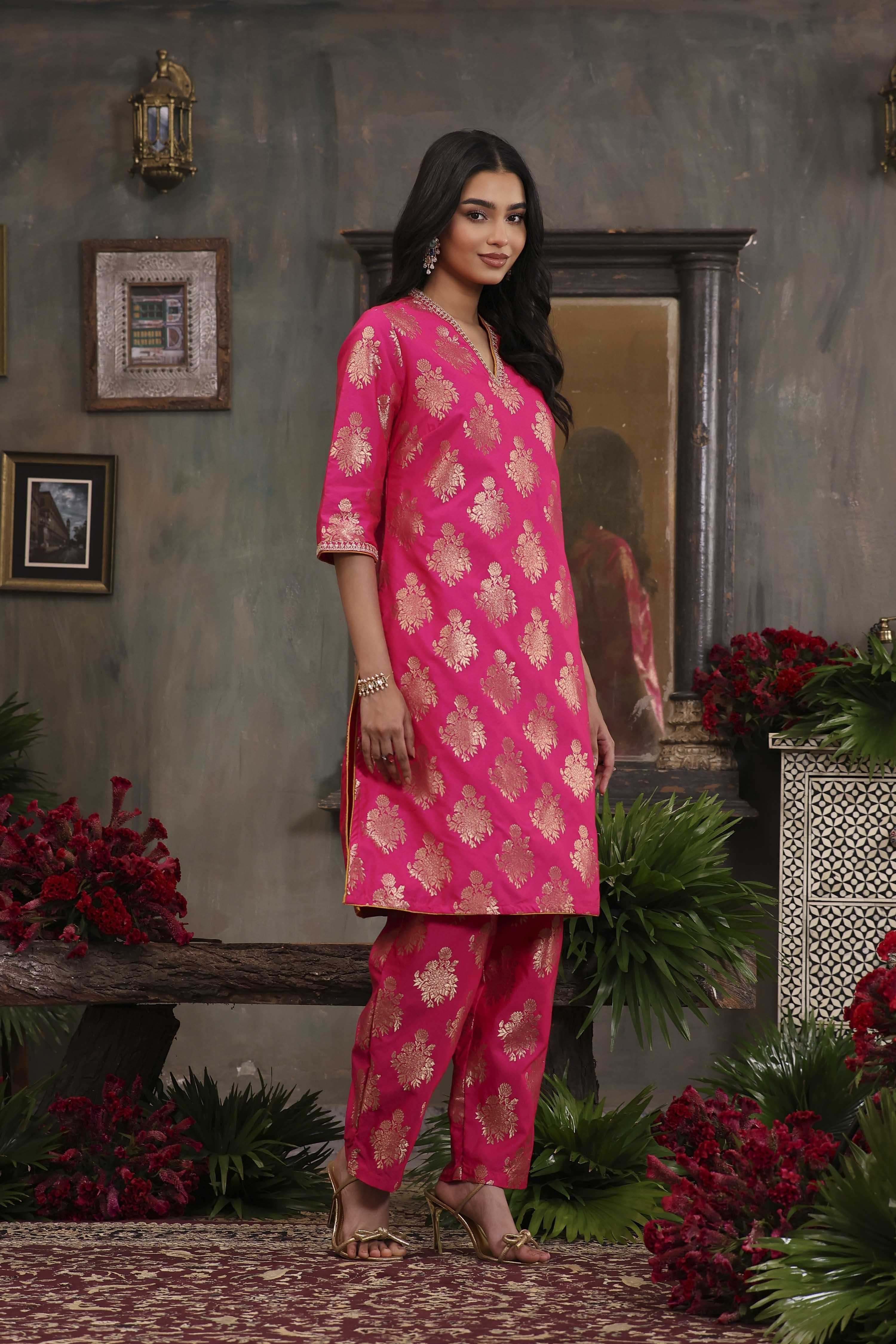 Fuchsia Pink Art Silk Printed Straight Co-ord Set image number 5