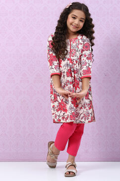 Off White Cotton Flared Printed Kurta Set image number 0