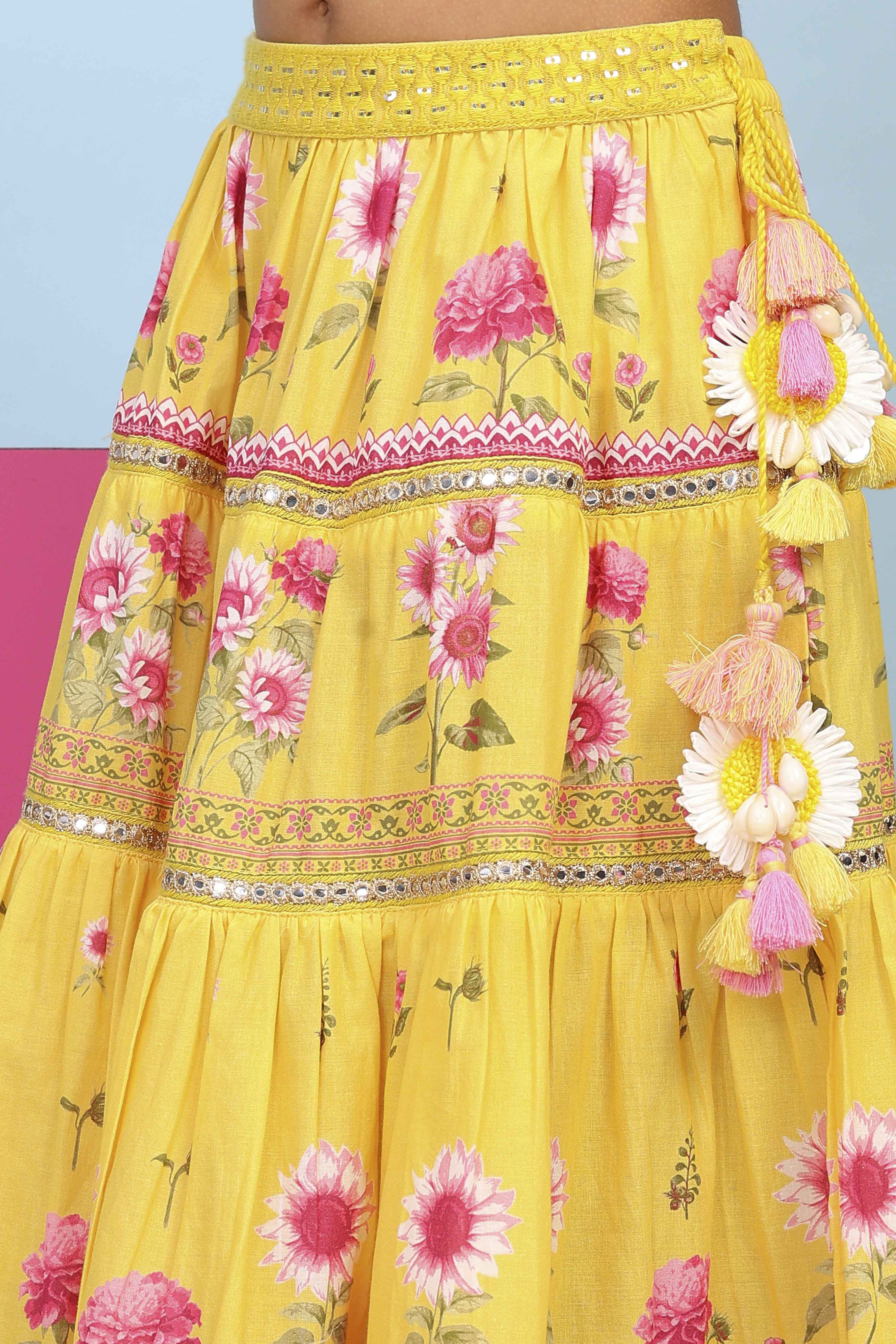 Yellow Cotton Tiered Lehenga Set image number 2