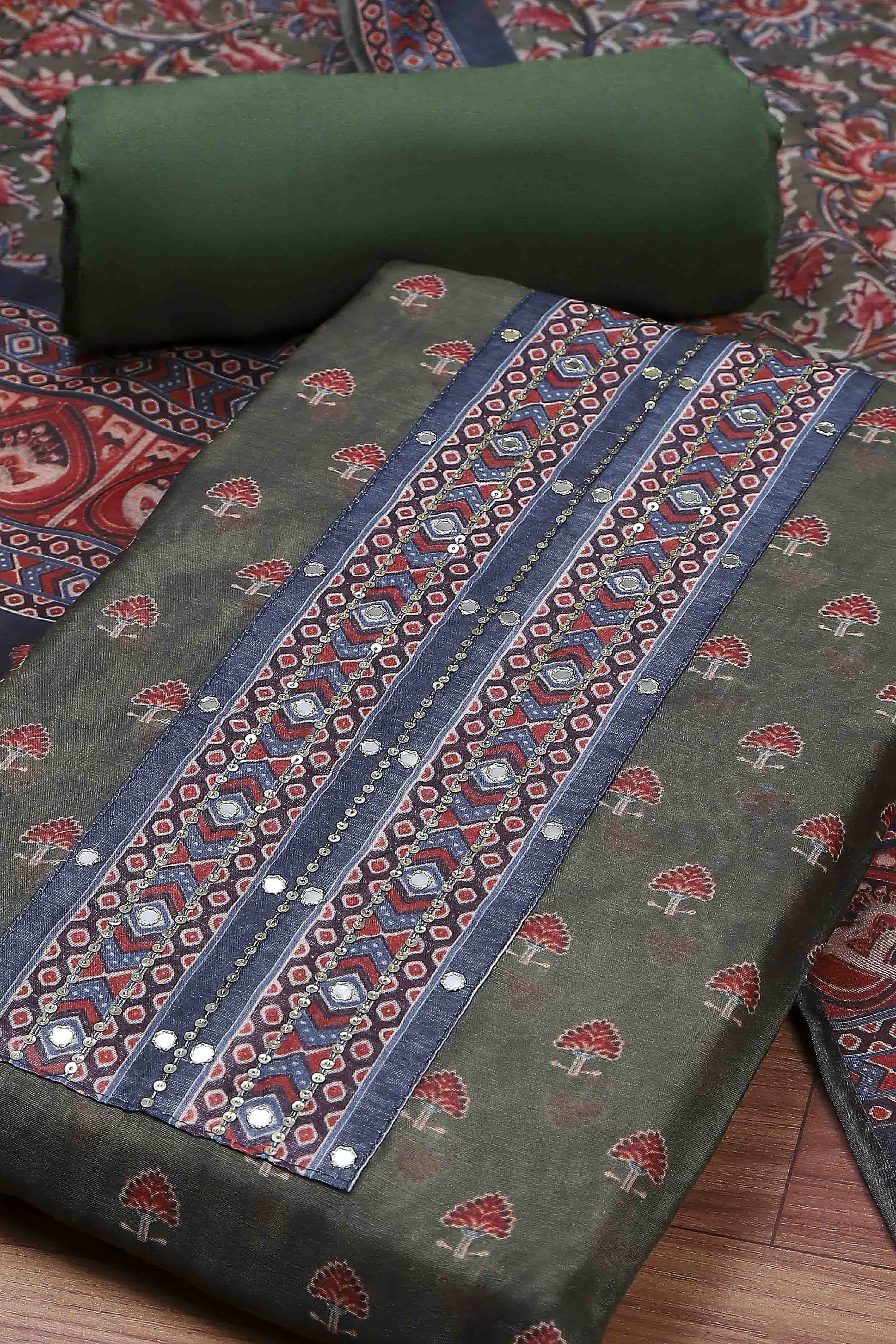 Olive Green Chanderi Rajasthani Print Unstitched Suit Set image number 1