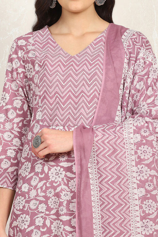Purple Cotton Screen Printed Unstitched Suit Set image number 2