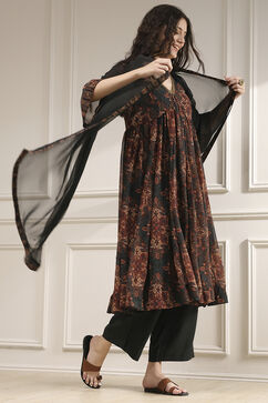 Charcoal Black Printed Gathered Suit Set image number 0