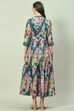 Teal Art Silk Flared Printed Dress image number 4