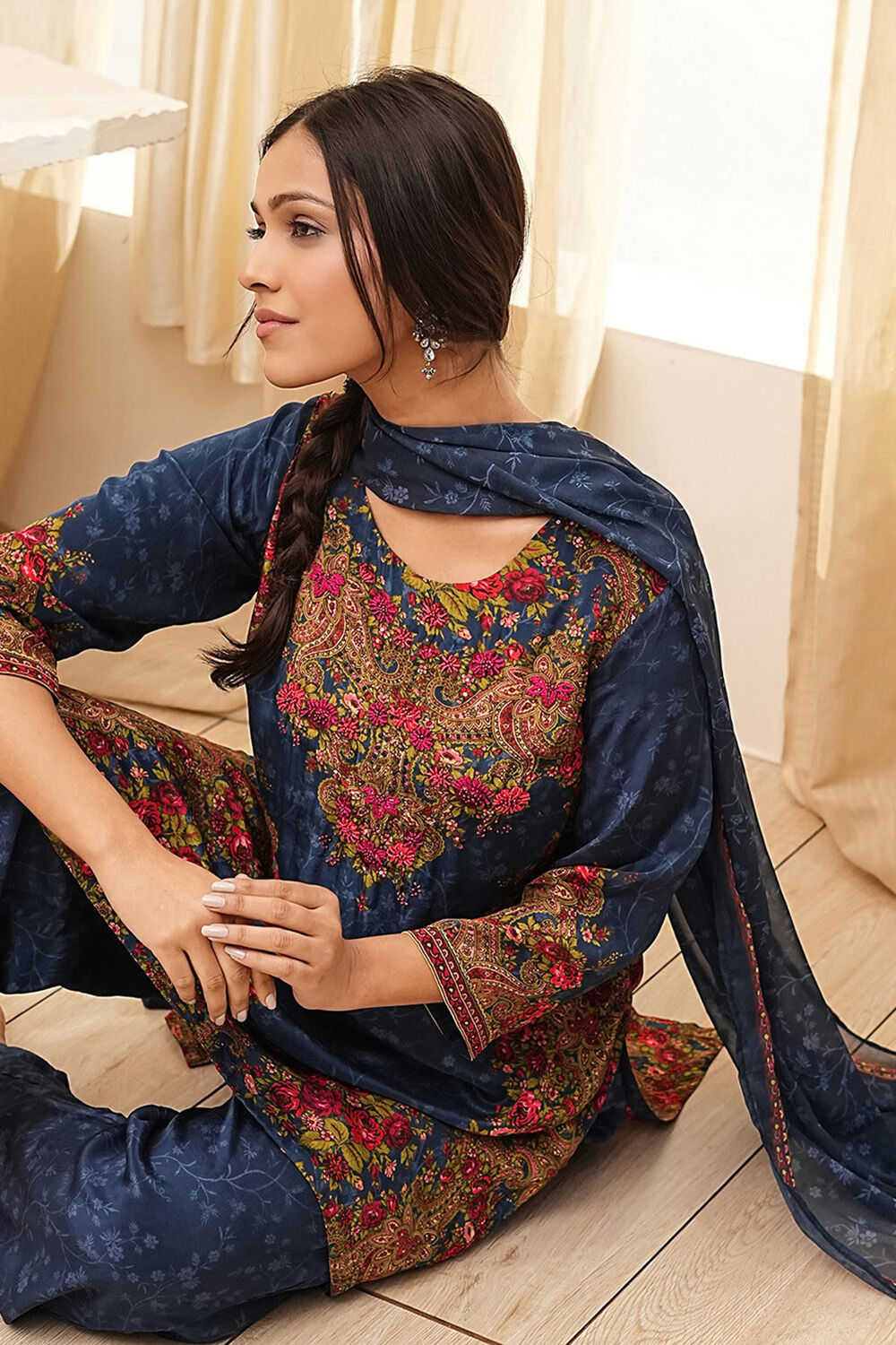 Blue Modal Printed Straight Suit Set image number 7