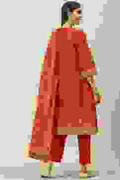 Red Printed Cotton Straight Kurta Slim Pants Suit Set image number 4