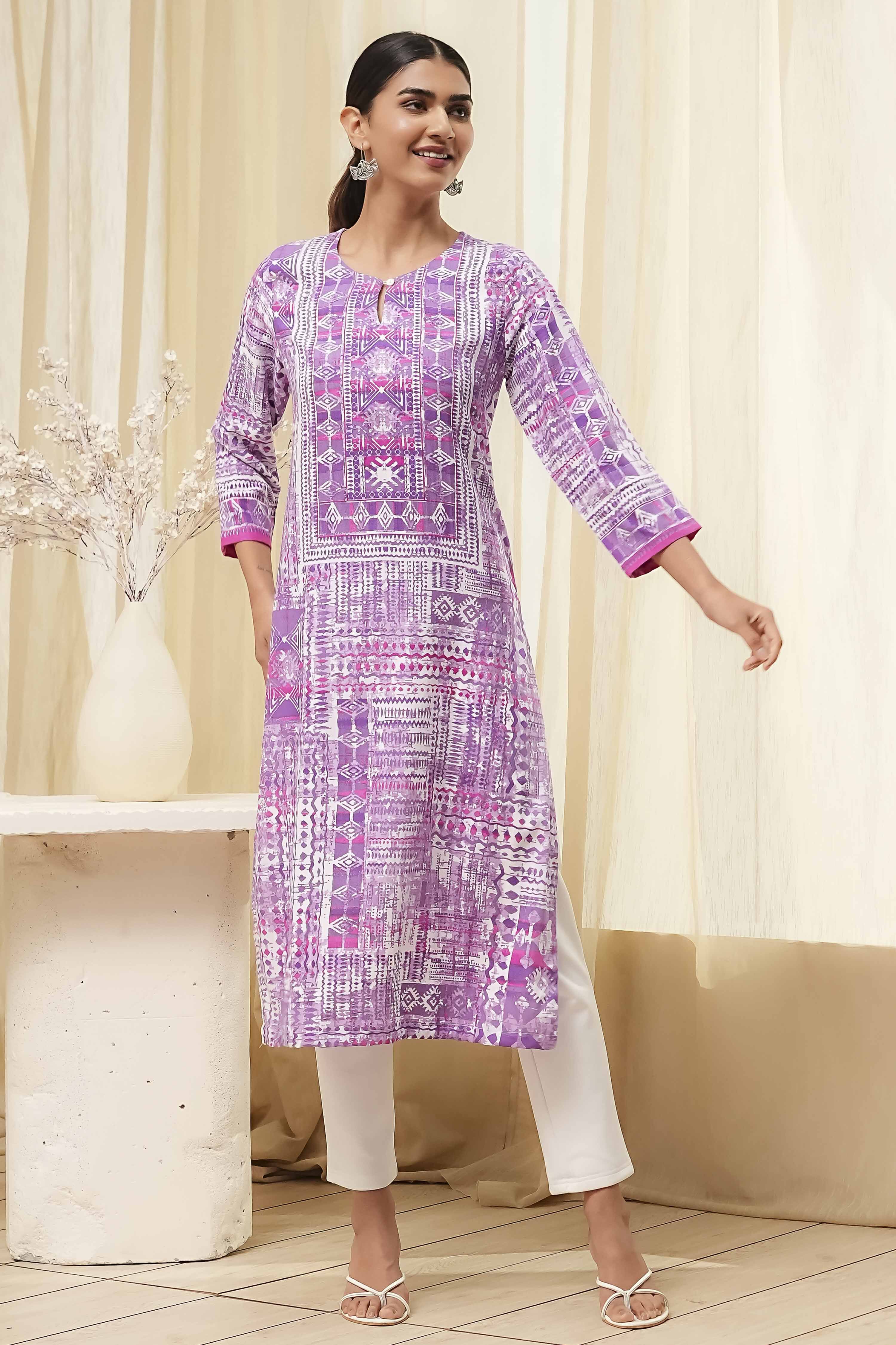 Lavender Printed Straight Kurta image number 5