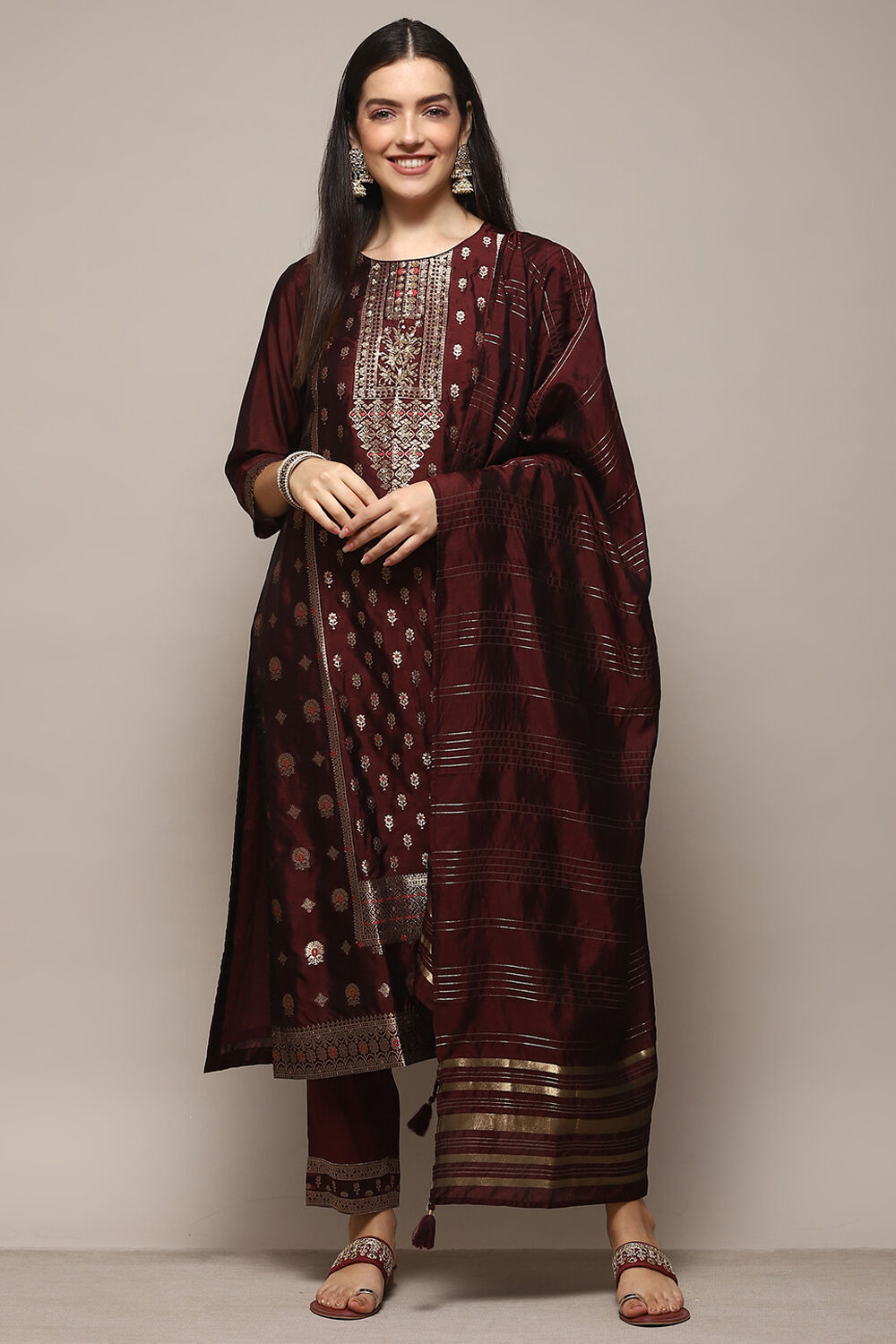 Wine Viscose Straight Yarndyed Kurta Regular Pants Suit Set image number 0