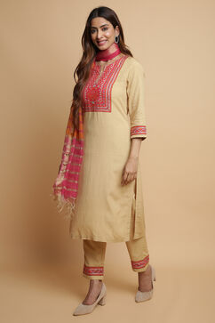 Beige Rayon Straight Kurta Regular Pant Suit Set image number 5