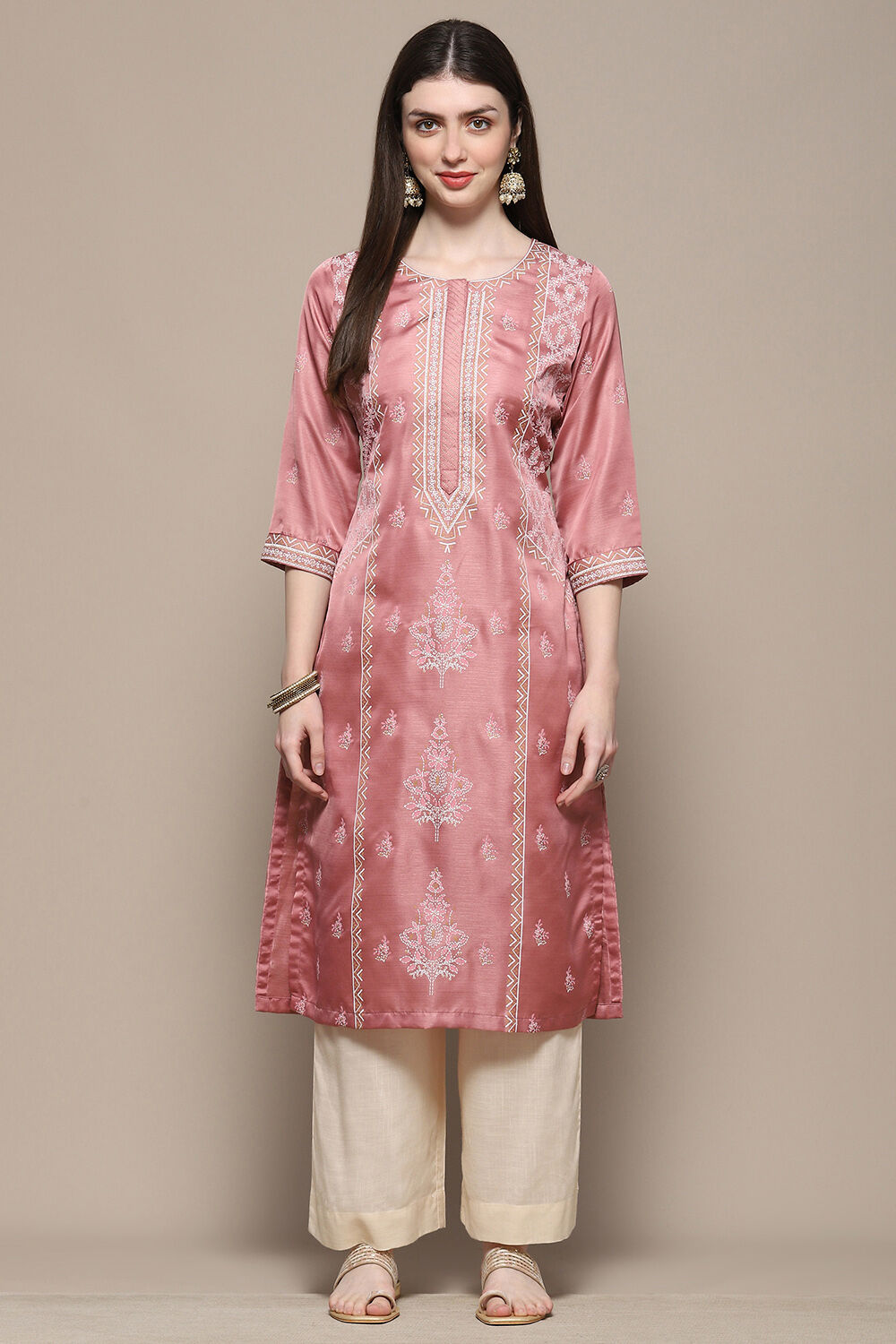 Dusty Pink Printed Straight Kurta image number 5