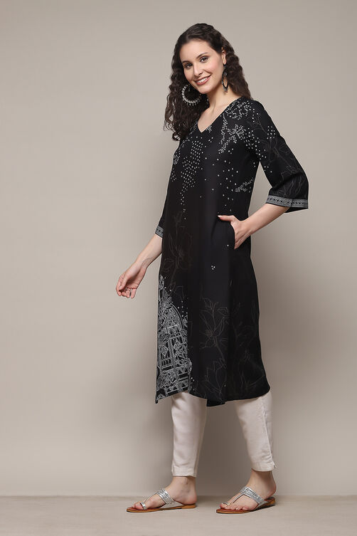 Black LIVA Straight Printed Kurta image number 2