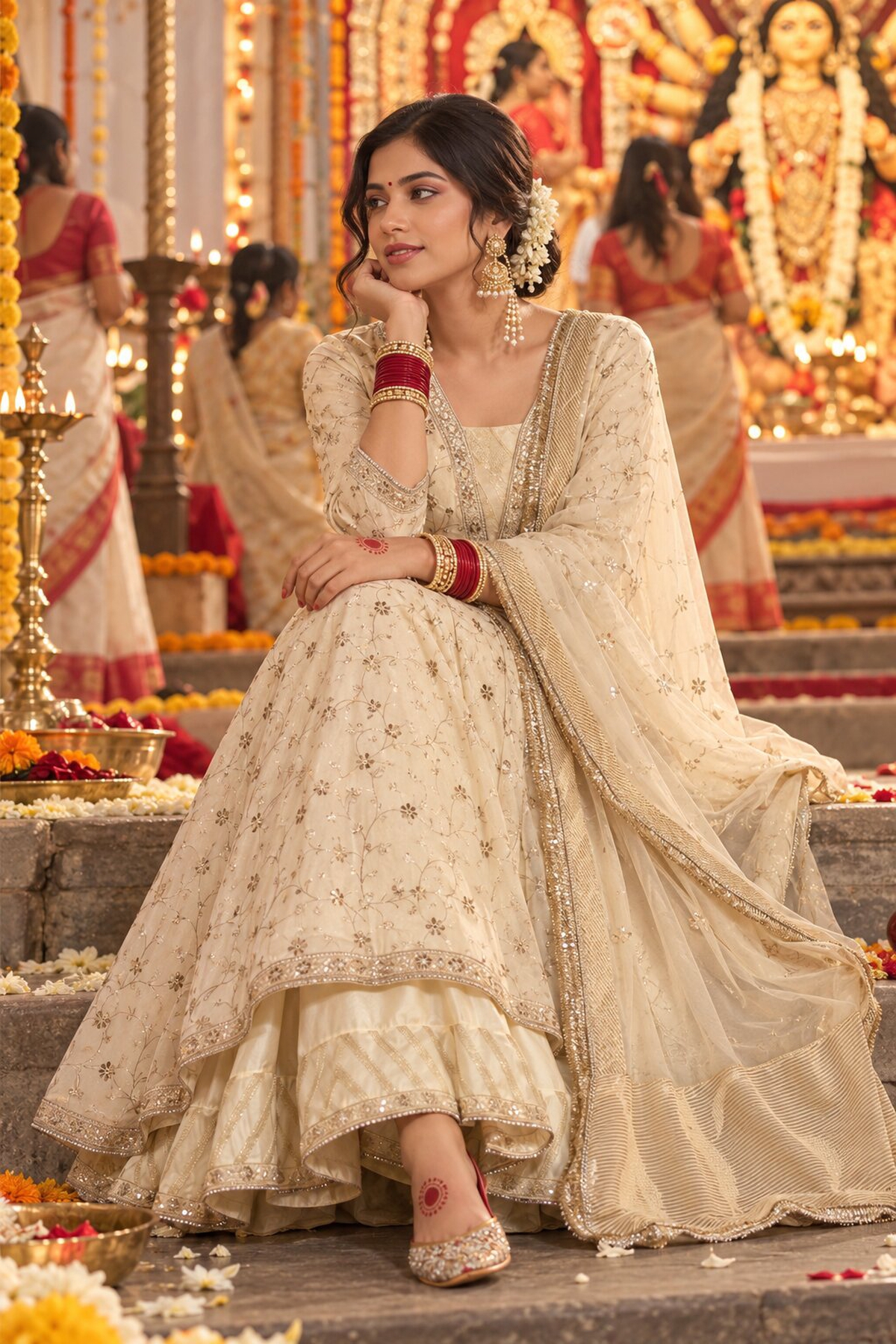 Ivory Silk Chanderi Embroidered Anarkali Kurta with Lehenga & Dupatta