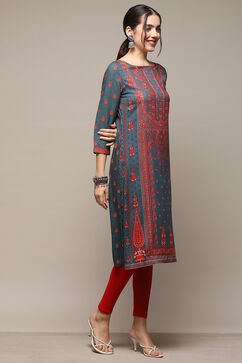 Teal LIVA Straight Printed Kurta image number 4