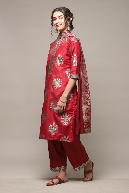 Maroon Art Silk Straight Kurta Palazzo Suit Set image number 5