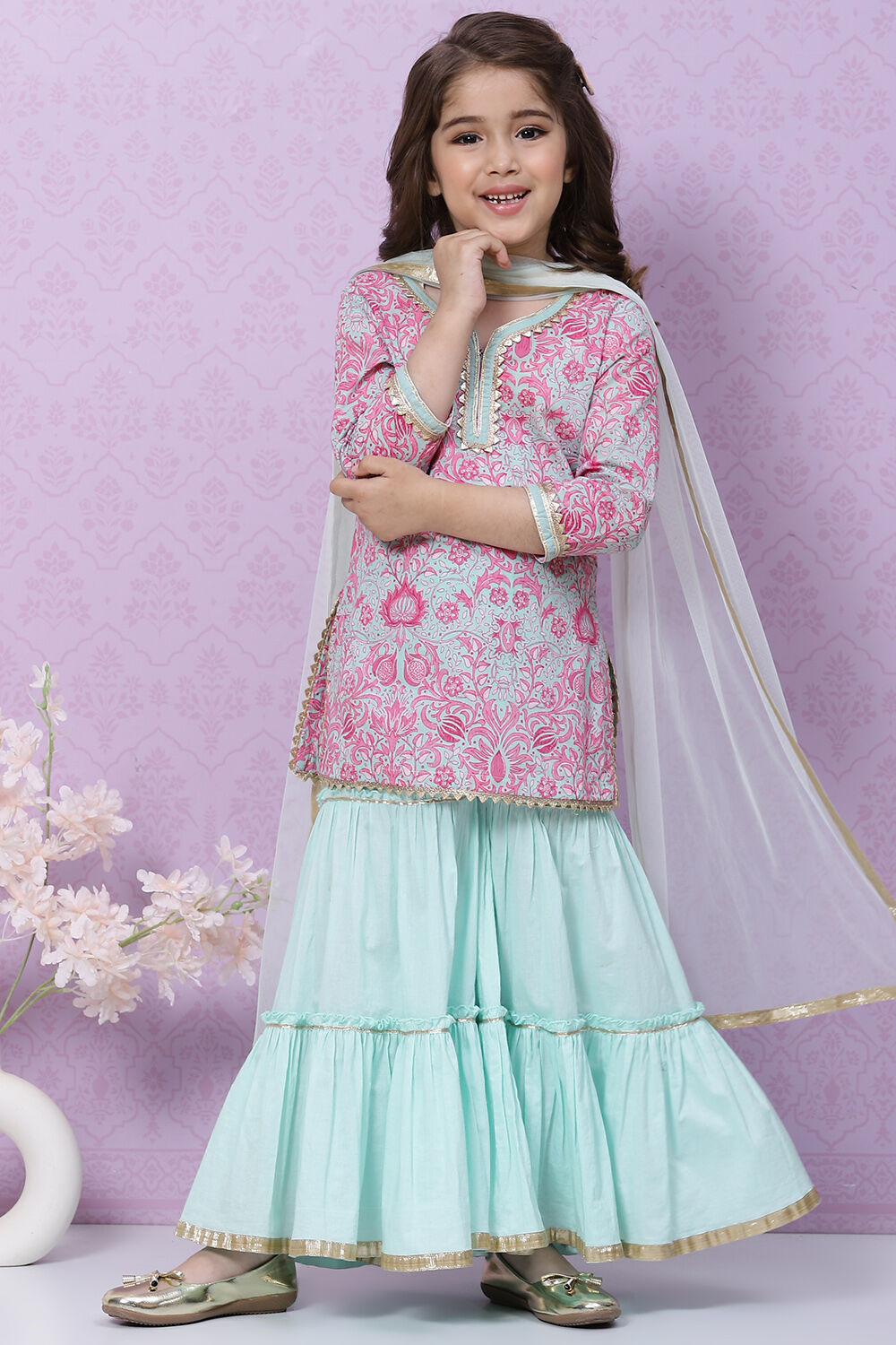Powder Green Cotton Sharara Kurta Sharara Suit Set image number 8