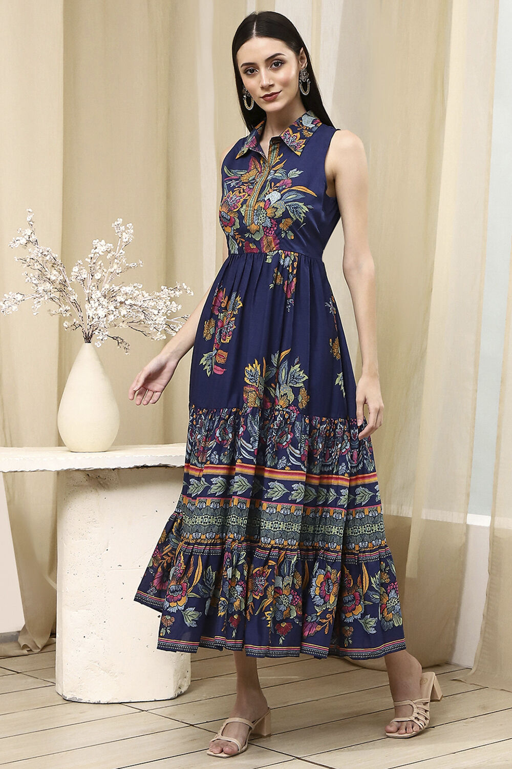 Indigo Cotton Floral Tiered Dress image number 2