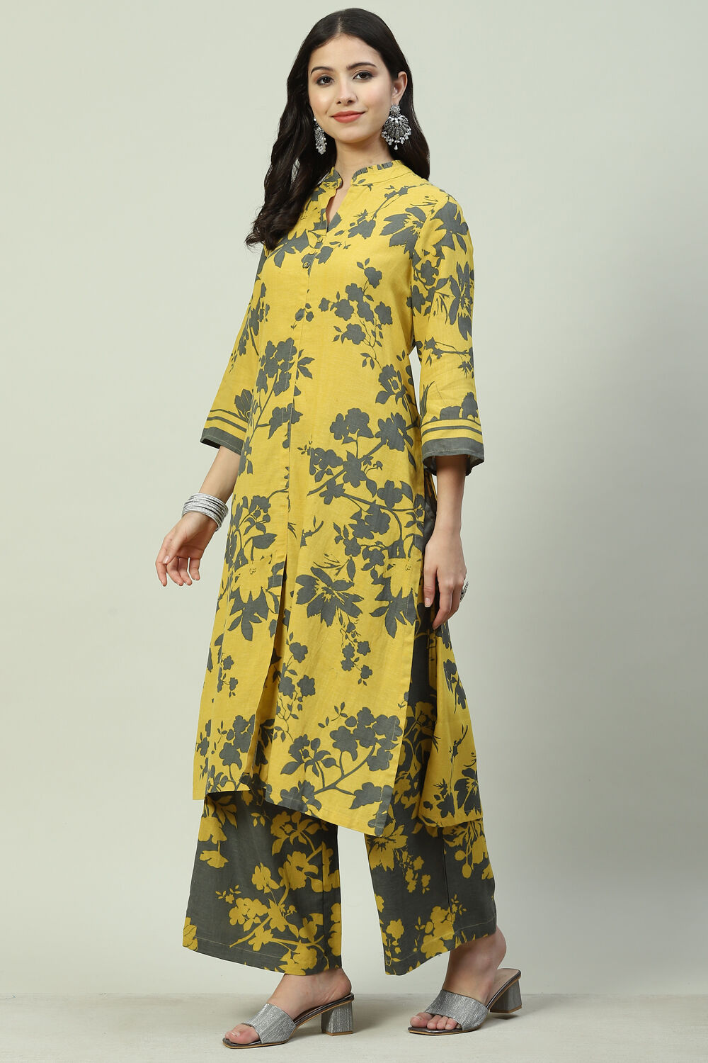 Yellow Grey LIVA Straight Printed Kurta Set image number 0