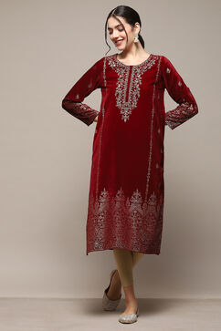 Green & Maroon Poly Velvet Straight Printed Kurta image number 0