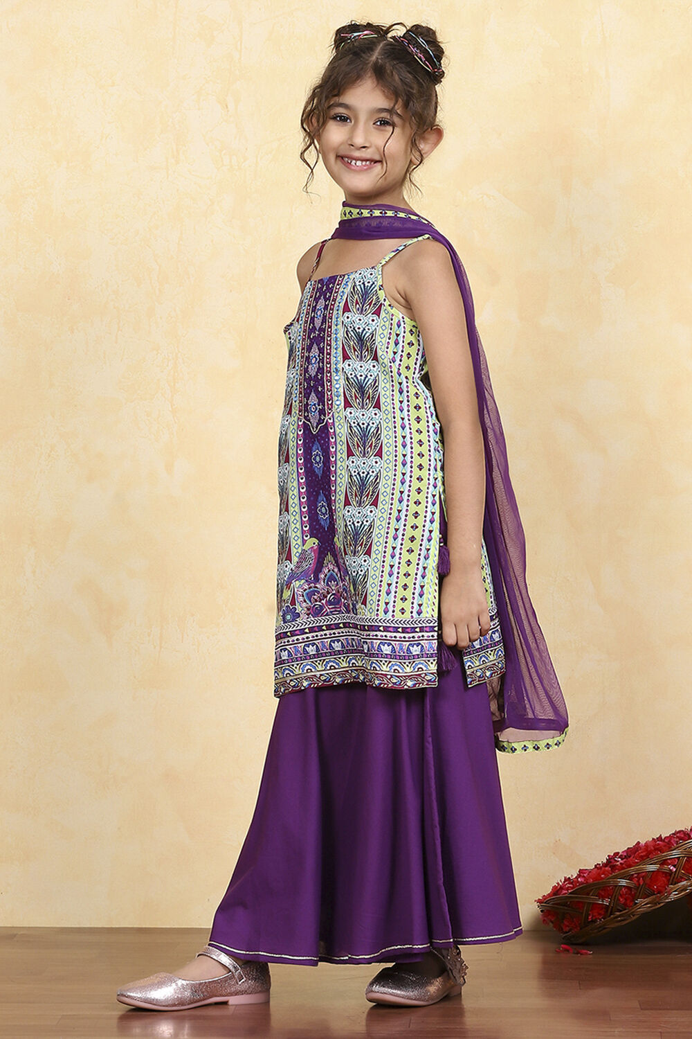 Purple Cotton Printed Straight Sharara Suit Set image number 3