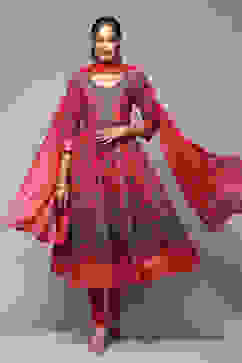 Crimson Red Cotton Anarkali Kurta Churidar Suit Set image number 7